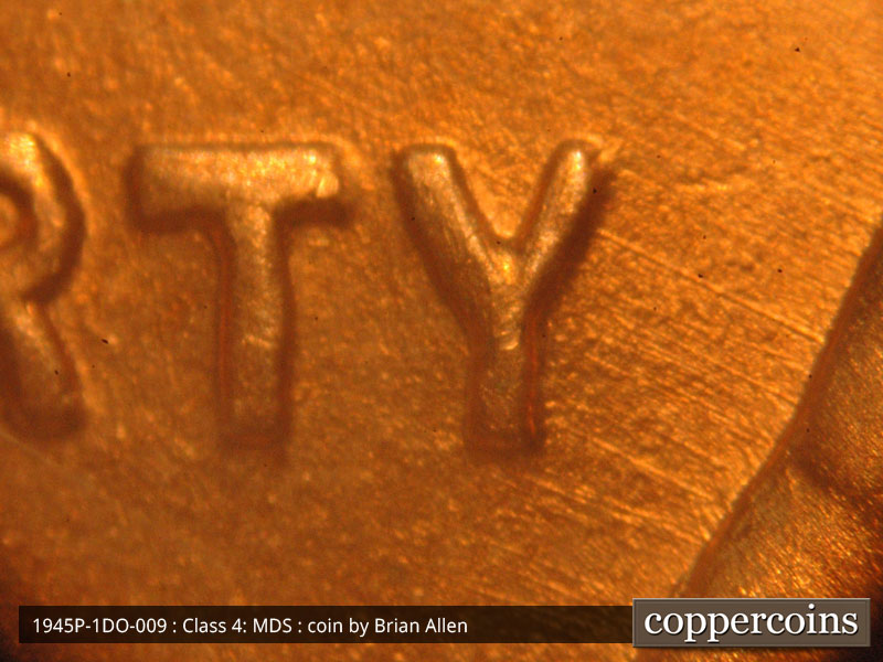 Die-stage B marker on 1945P•1DO•009 (1945 Doubled Die Obverse).