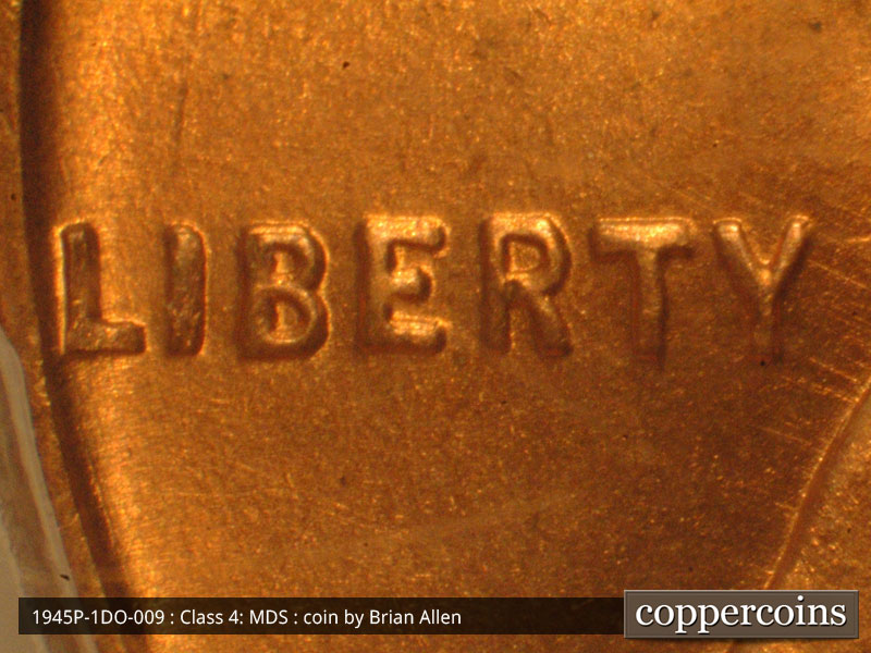 Die-stage B marker on 1945P•1DO•009 (1945 Doubled Die Obverse).