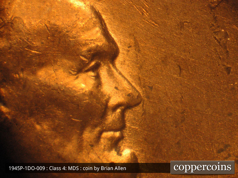 Die-stage B marker on 1945P•1DO•009 (1945 Doubled Die Obverse).