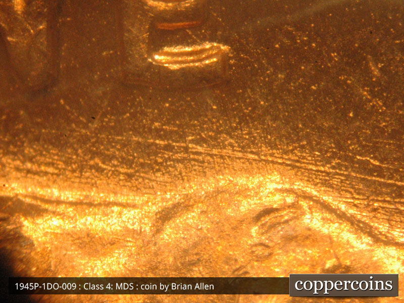 Die-stage B marker on 1945P•1DO•009 (1945 Doubled Die Obverse).