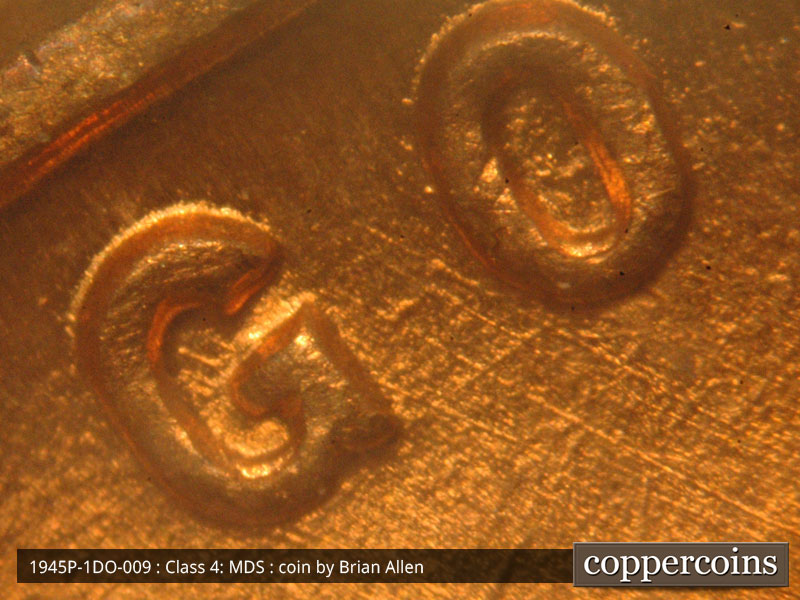 Die-stage B marker on 1945P•1DO•009 (1945 Doubled Die Obverse).