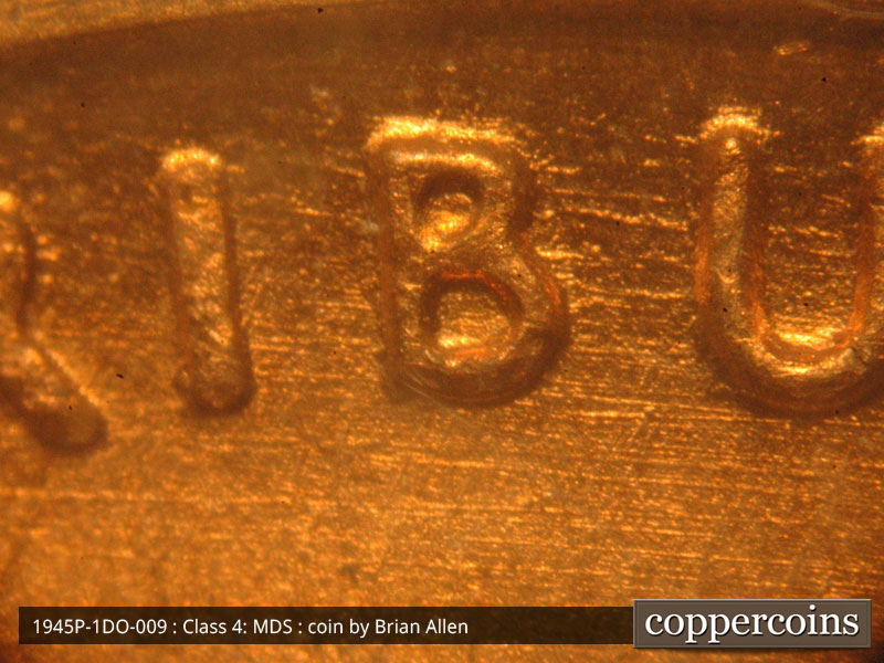 Die-stage B marker on 1945P•1DO•009 (1945 Doubled Die Obverse).