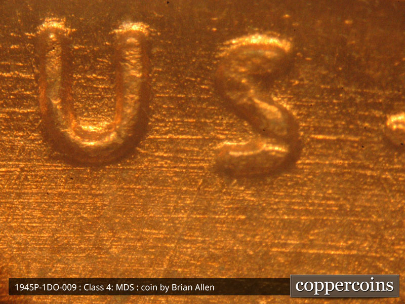 Die-stage B marker on 1945P•1DO•009 (1945 Doubled Die Obverse).