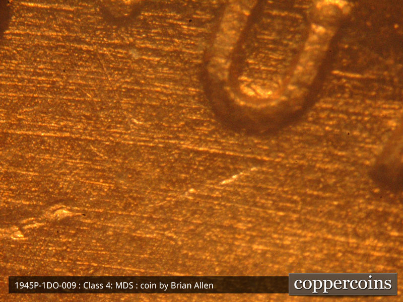 Die-stage B marker on 1945P•1DO•009 (1945 Doubled Die Obverse).