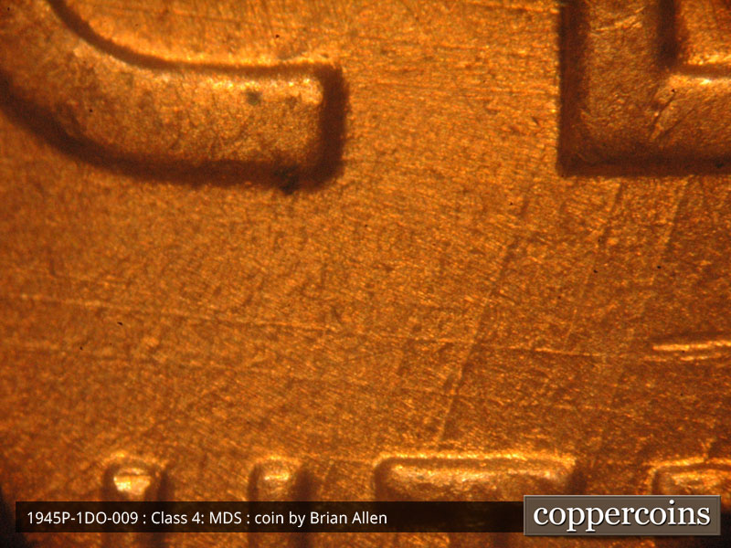 Die-stage B marker on 1945P•1DO•009 (1945 Doubled Die Obverse).