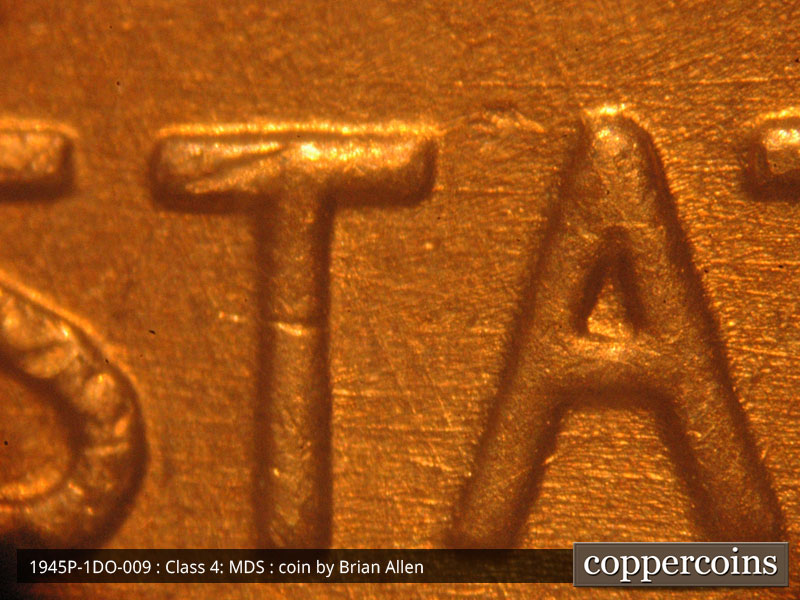 Die-stage B marker on 1945P•1DO•009 (1945 Doubled Die Obverse).