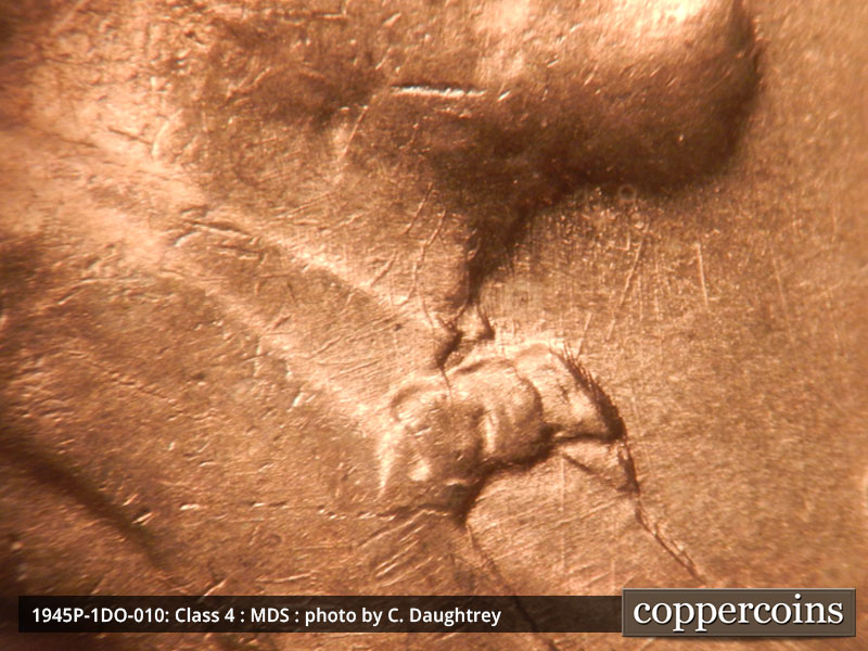 Die-stage B marker on 1945P•1DO•010 (1945 Doubled Die Obverse).