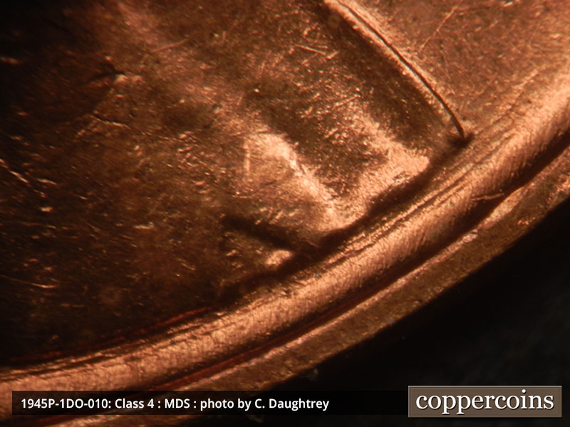 Die-stage B marker on 1945P•1DO•010 (1945 Doubled Die Obverse).