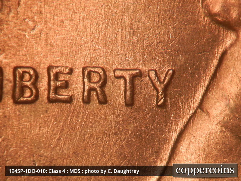 Die-stage B marker on 1945P•1DO•010 (1945 Doubled Die Obverse).