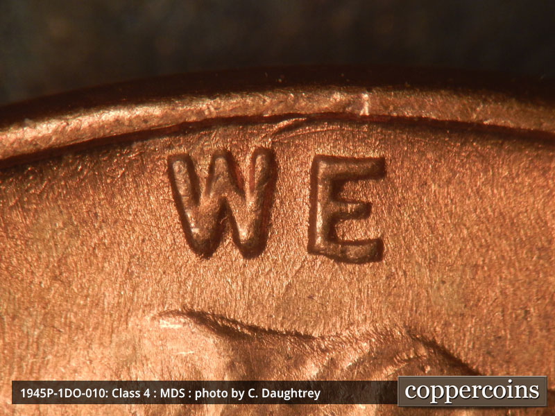 Die-stage B marker on 1945P•1DO•010 (1945 Doubled Die Obverse).