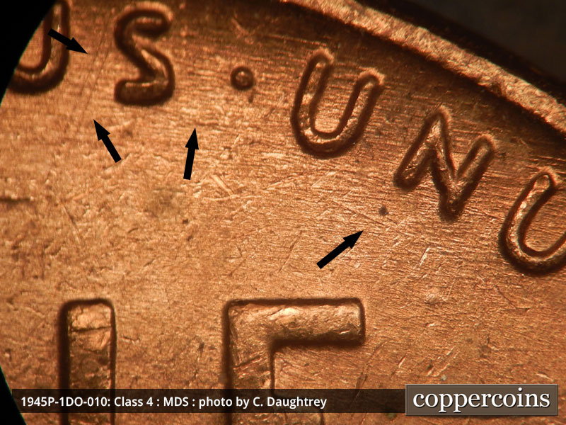 Die-stage B marker on 1945P•1DO•010 (1945 Doubled Die Obverse).