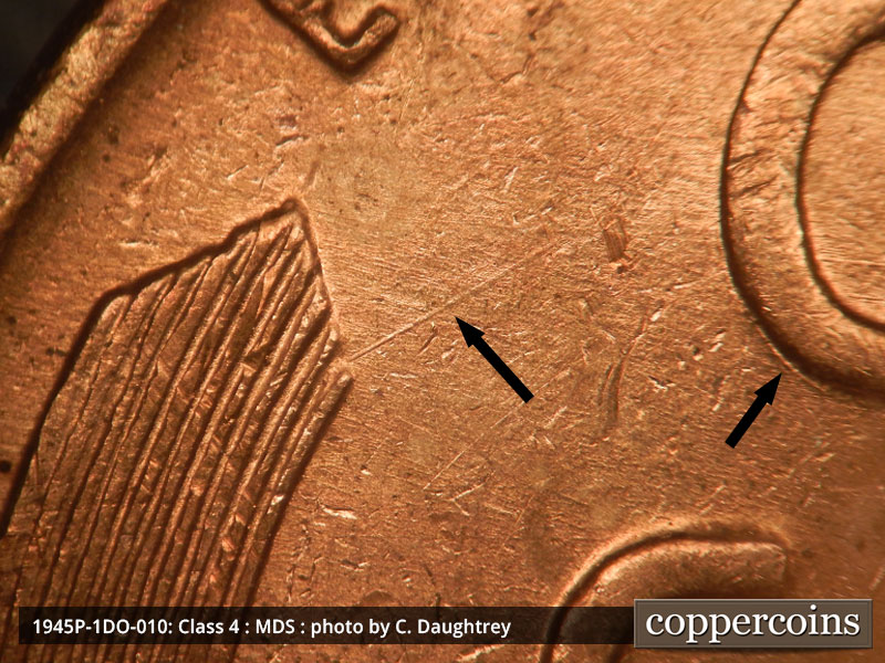 Die-stage B marker on 1945P•1DO•010 (1945 Doubled Die Obverse).