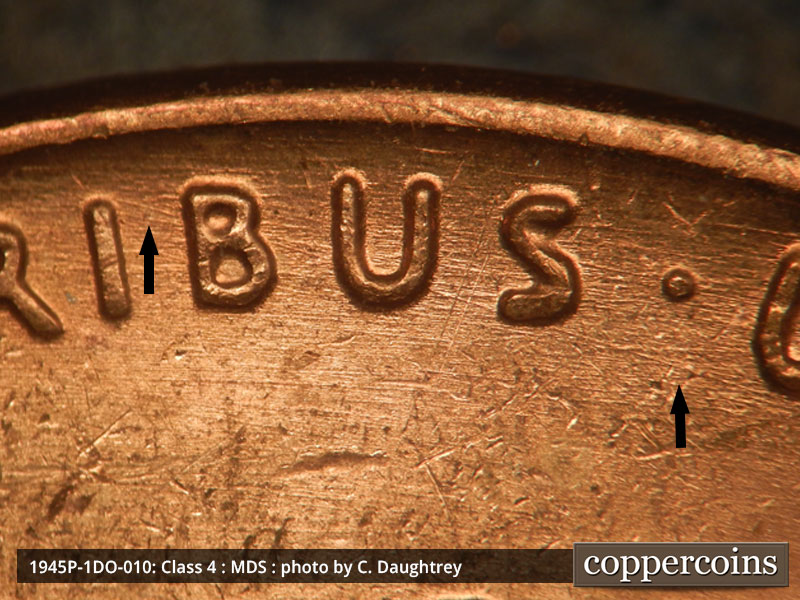 Die-stage B marker on 1945P•1DO•010 (1945 Doubled Die Obverse).