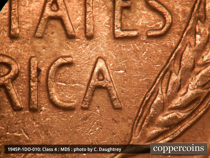 Die-stage B marker on 1945P•1DO•010 (1945 Doubled Die Obverse).