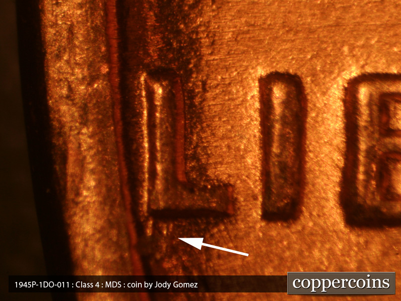 Die-stage B marker on 1945P•1DO•011 (1945 Doubled Die Obverse).