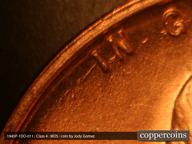 Die-stage B marker on 1945P•1DO•011 (1945 Doubled Die Obverse).