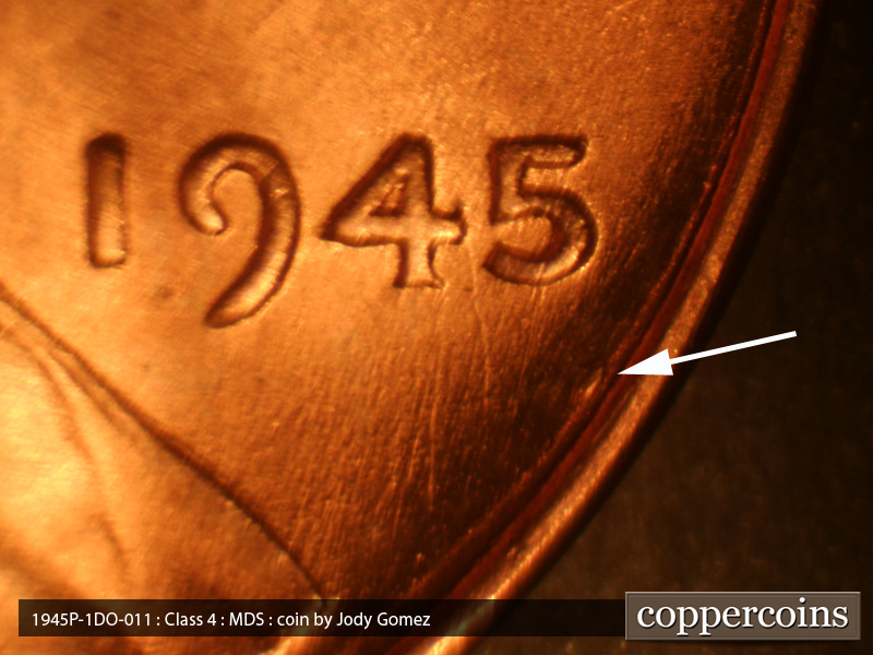 Die-stage B marker on 1945P•1DO•011 (1945 Doubled Die Obverse).