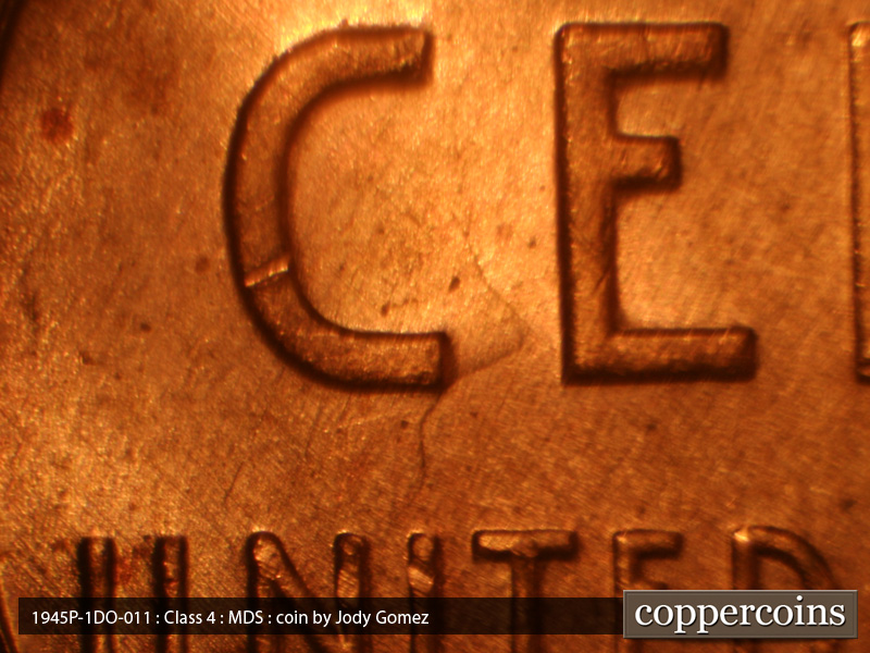 Die-stage B marker on 1945P•1DO•011 (1945 Doubled Die Obverse).