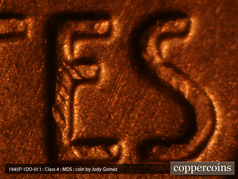 Die-stage B marker on 1945P•1DO•011 (1945 Doubled Die Obverse).