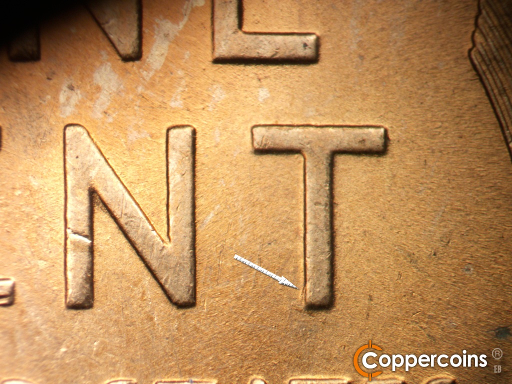 Die-stage B marker on 1945P•1DO•013 showing Die gouge neat lower left of T in CENT.