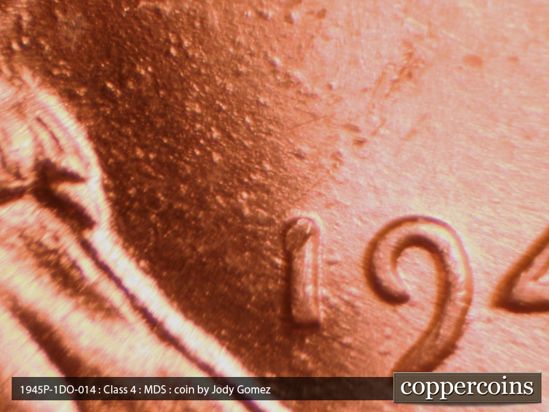 Die-stage B marker on 1945P•1DO•014 (1945 Doubled Die Obverse).