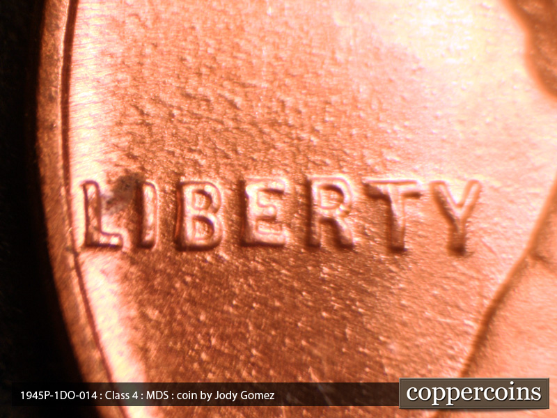 Die-stage B marker on 1945P•1DO•014 (1945 Doubled Die Obverse).