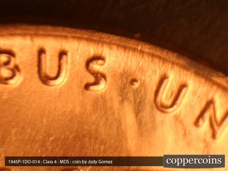 Die-stage B marker on 1945P•1DO•014 (1945 Doubled Die Obverse).