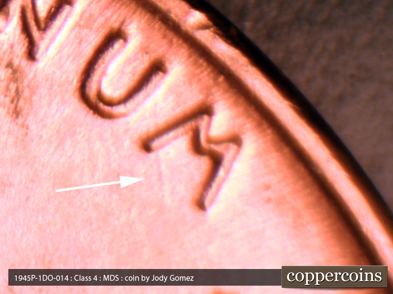 Die-stage B marker on 1945P•1DO•014 (1945 Doubled Die Obverse).