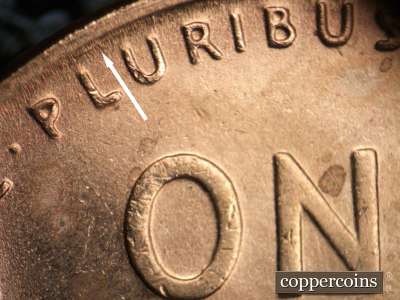 Die-stage B marker on 1945P•1DO•015 (1945 Doubled Die Obverse).