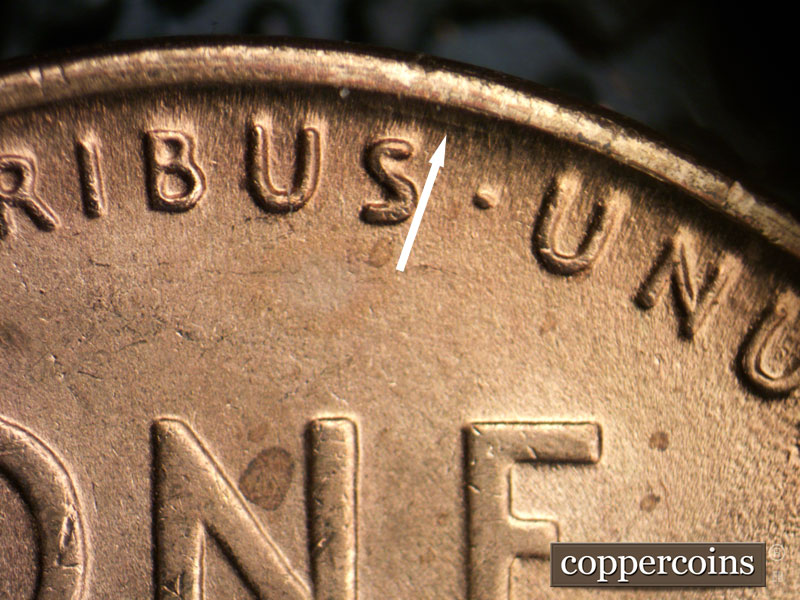 Die-stage B marker on 1945P•1DO•015 (1945 Doubled Die Obverse).