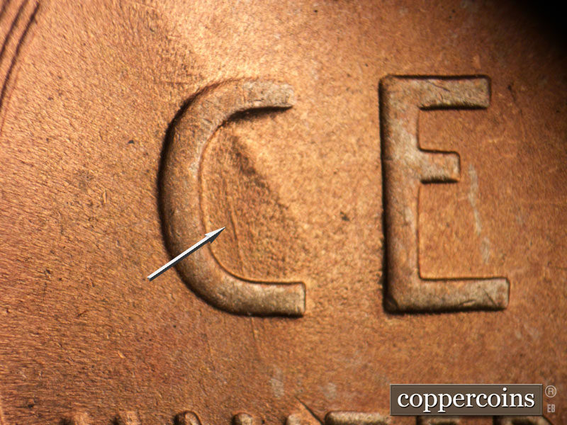 Die-stage C marker on 1945P•1DO•016 (1945 Doubled Die Obverse).