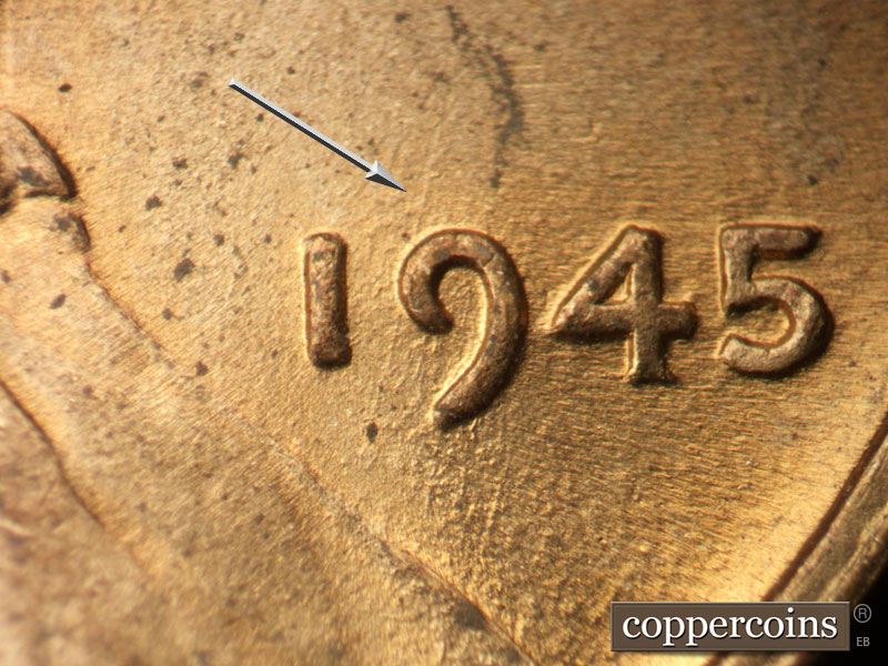 Die-stage B marker on 1945P•1DO•017 (1945 Doubled Die Obverse).