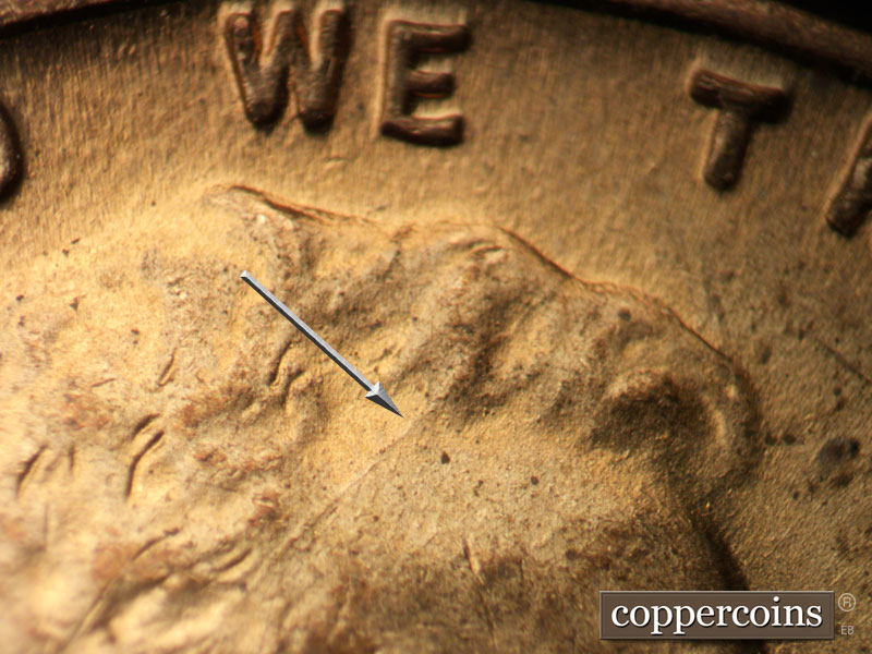 Die-stage B marker on 1945P•1DO•017 (1945 Doubled Die Obverse).