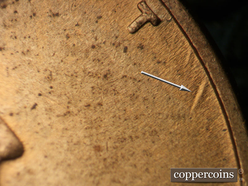 Die-stage B marker on 1945P•1DO•017 (1945 Doubled Die Obverse).