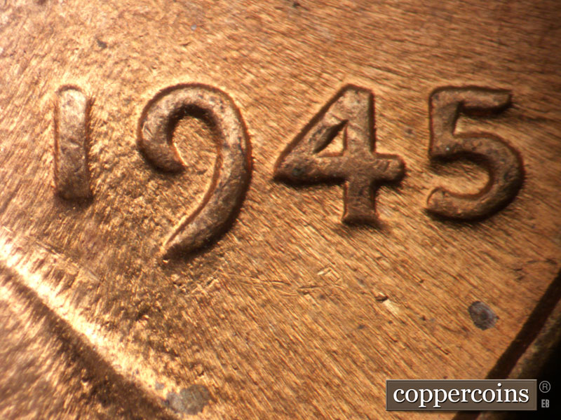 1945 Lincoln cent obverse, CopperCoins die 1945P•1DO•019.