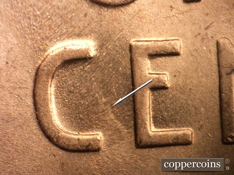 Die-stage B marker on 1945P•1DO•020 (1945 Doubled Die Obverse).