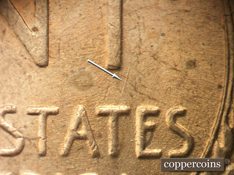 Die-stage C marker on 1945P•1DO•021 (1945 Doubled Die Obverse).