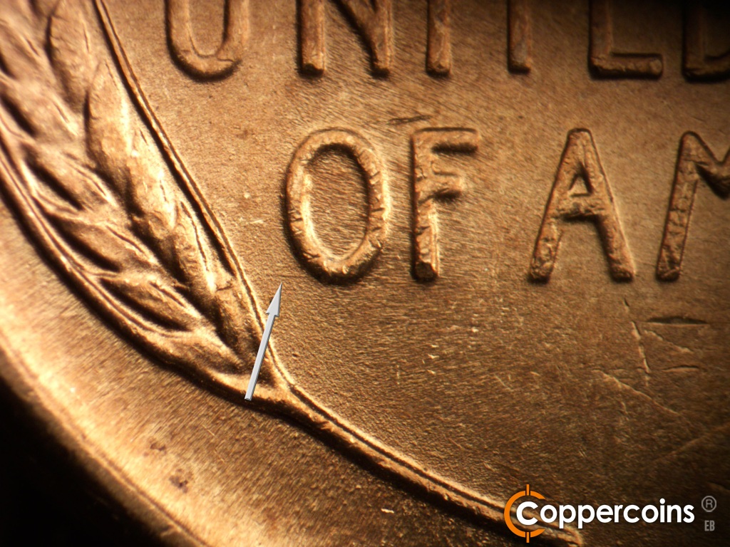 Die-stage B marker on 1945P•1DO•025 showing Die scratch connects loer left wheat stalk to bottom of O in OF.