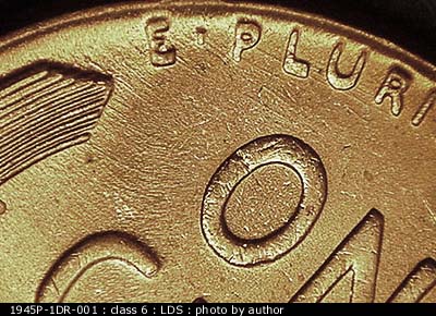 Die-stage C marker on 1945P•1DR•001 (1945 Doubled Die Reverse).
