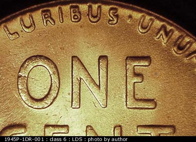 Die-stage C marker on 1945P•1DR•001 (1945 Doubled Die Reverse).