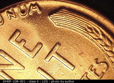 Die-stage C marker on 1945P•1DR•001 (1945 Doubled Die Reverse).