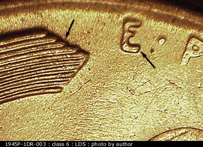 Die-stage C marker on 1945P•1DR•003 (1945 Doubled Die Reverse).