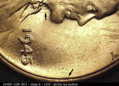 Die-stage C marker on 1945P•1DR•003 (1945 Doubled Die Reverse).