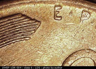 Die-stage C marker on 1945P•1DR•004 (1945 Doubled Die Reverse).
