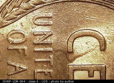 Die-stage C marker on 1945P•1DR•004 (1945 Doubled Die Reverse).