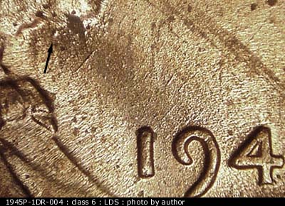 Die-stage C marker on 1945P•1DR•004 (1945 Doubled Die Reverse).