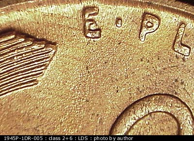 Die-stage C marker on 1945P•1DR•005 (1945 Doubled Die Reverse).