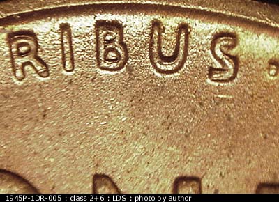 Die-stage C marker on 1945P•1DR•005 (1945 Doubled Die Reverse).