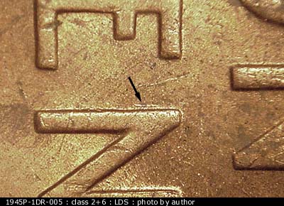 Die-stage C marker on 1945P•1DR•005 (1945 Doubled Die Reverse).
