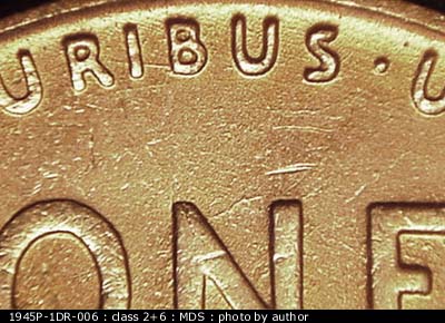 Die-stage B marker on 1945P•1DR•006 (1945 Doubled Die Reverse).